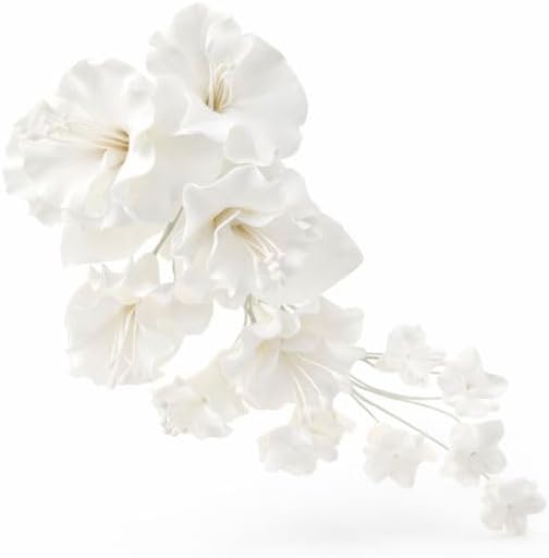 Flower Blossom Spray, Gum Paste Sugar Flowers for Cake Decorating, White Cherry Blossoms with Leaves
