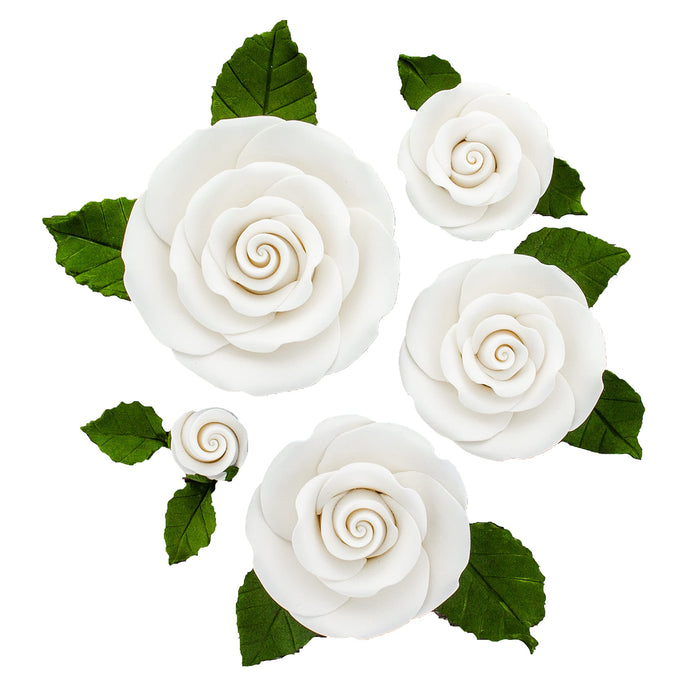 Exquisite Rose & Leaf Kit, Sugar Cake Flowers by Global Sugar Art, White Roses with Leaves, 15-Piece Set