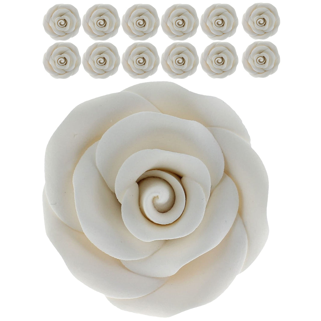 Deluxe White Roses for Cake Decorating, Premium Unwired Sugar Flowers by Global Sugar Art, White, Large