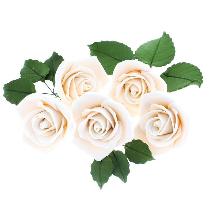 Peace Rose Sugar Flowers with Leaves, Cake Decorating Kit, by Global Sugar Art, Medium, Ivory