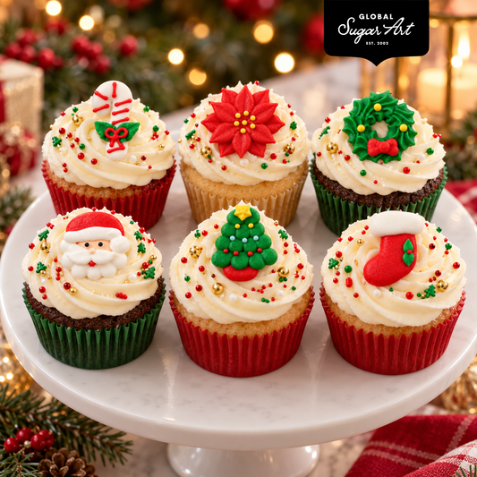Christmas Cupcake Toppers, Wreath/Poinsettia Pack - on frosted cupcakes