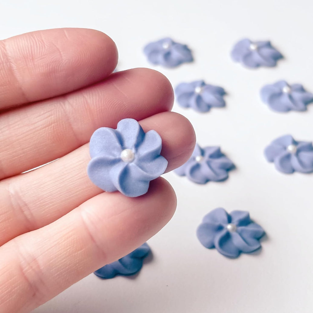 Purple Royal Icing Drop Flowers with Pearl Centers
