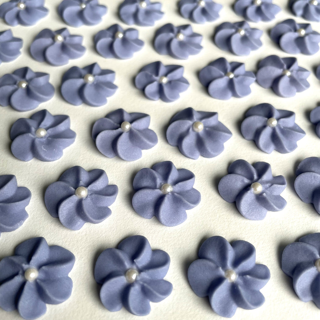 Purple Royal Icing Drop Flowers with Pearl Centers