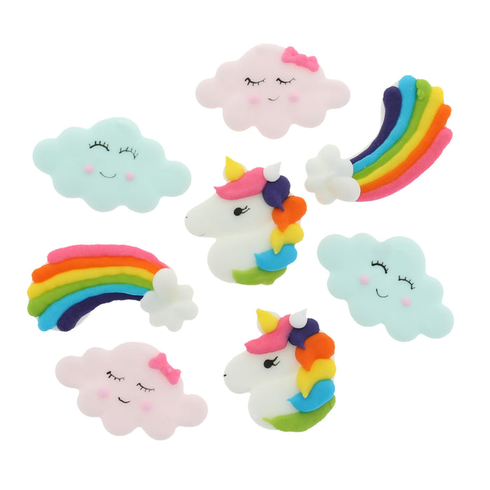 Unicorns, Rainbows & Clouds Edible Kosher Royal Icing Decorations for Cakes, Cupcakes and Cookies, by Global Sugar Art