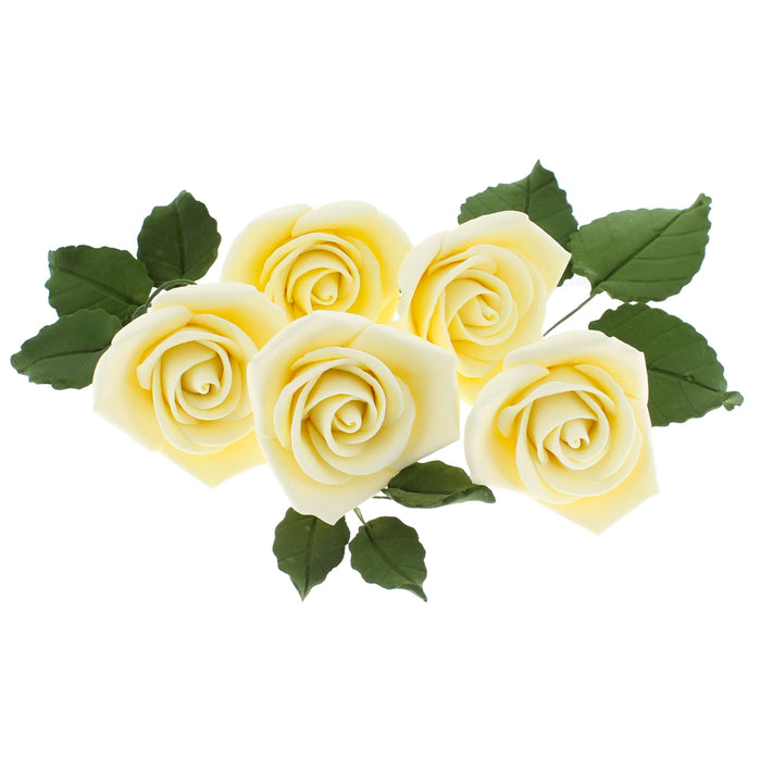 Peace Rose Sugar Flowers with Leaves, Cake Decorating Kit, by Global Sugar Art, Medium, Yellow