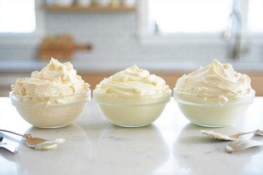 Three glass bowls of buttercream frosting side by side on a marble countertop, showing different textures and consistencies for cake decorating