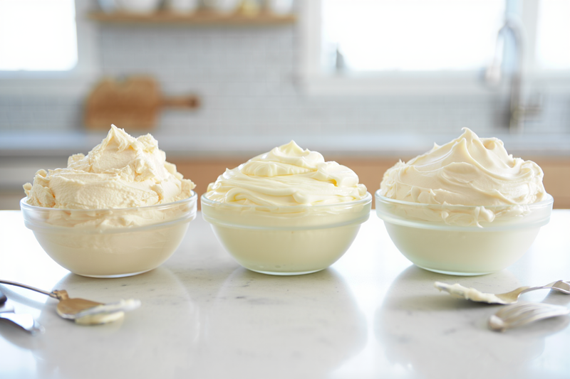 Three glass bowls of buttercream frosting side by side on a marble countertop, showing different textures and consistencies for cake decorating