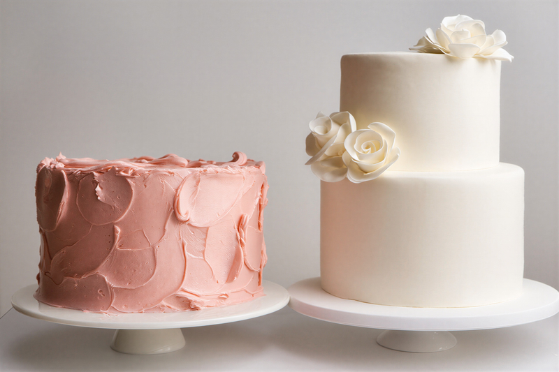 Side-by-side comparison of a pink buttercream cake with textured swirls and a smooth two-tier white fondant cake with sugar roses