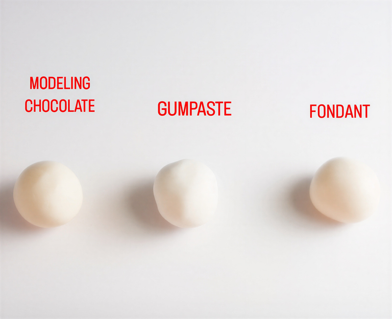 Three white balls of modeling chocolate, gumpaste, and fondant labeled side by side to show the visual difference between each medium