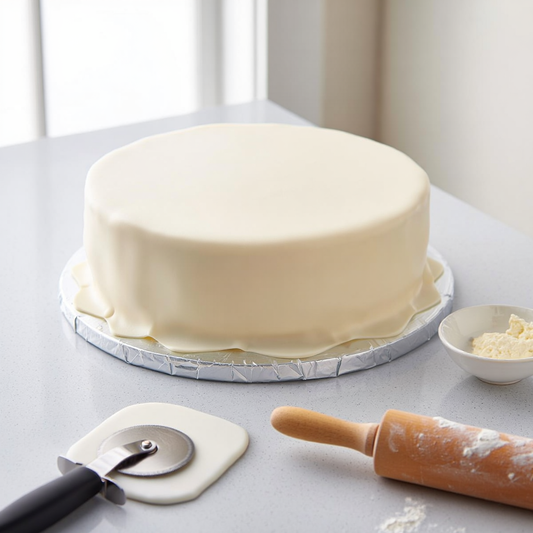Round cake covered in smooth white fondant on a turntable with a fondant smoother, rolling pin, and pizza cutter nearby