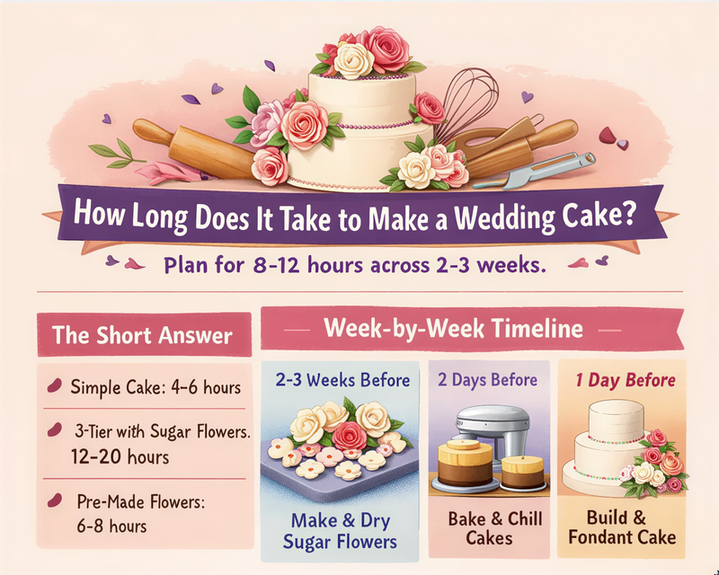 Infographic showing wedding cake timeline: 4–6 hours for a simple cake, 12–20 hours for a three-tier with sugar flowers, spread across 2–3 weeks