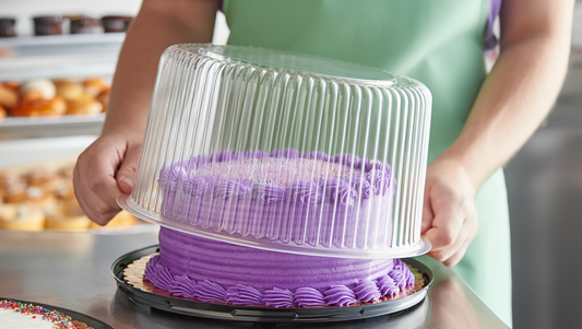 Baker placing a clear plastic cake dome over a purple buttercream-frosted cake to store it properly