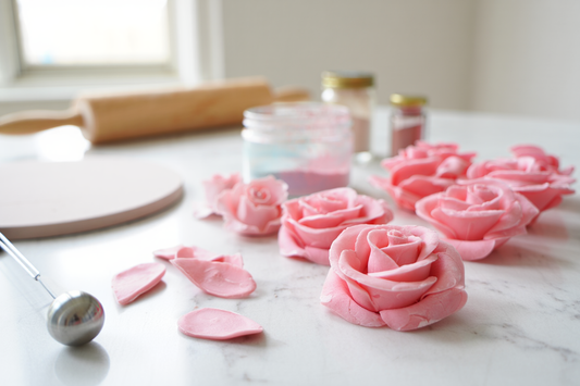 Handmade pink gumpaste roses and loose petals drying on a marble surface with a ball tool and rolling pin in the background