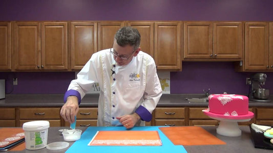 Chef Alan demonstrating how to make edible cake lace using Sugar Dress by Martellato