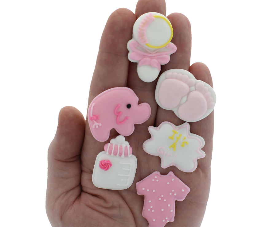 Baby Shower Edible Kosher Royal Icing Decorations for Cakes and Cupcakes, by Global Sugar Art, Baby Girl