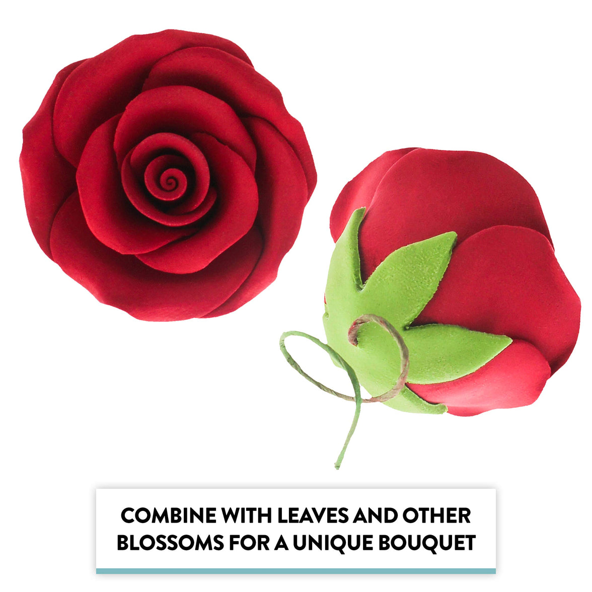 Classic Tea Rose Sugar Cake Flowers, by Global Sugar Art, Wired, Red with Green Calyx, Medium