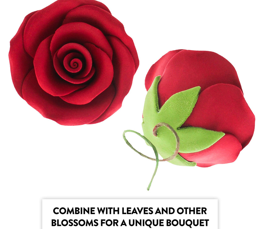 Classic Tea Rose Sugar Cake Flowers, by Global Sugar Art, Wired, Red with Green Calyx, Medium