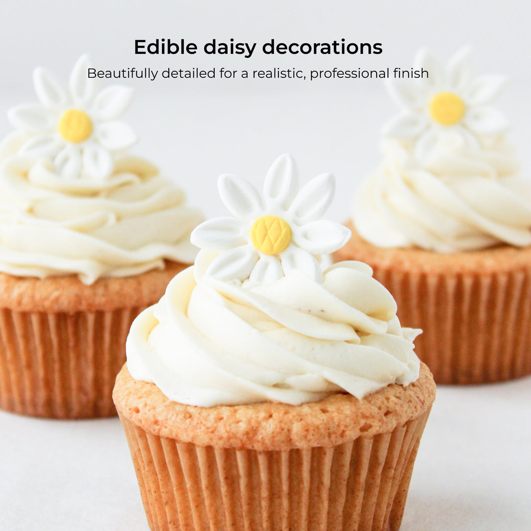 Edible Daisy Cake Decorations, White and Yellow Sugar Flowers, Unwired 1 Inch, Daisy Cupcake Toppers, Edible Flowers Cake Decorations by Chef Alan Tetreault, Global Sugar Art