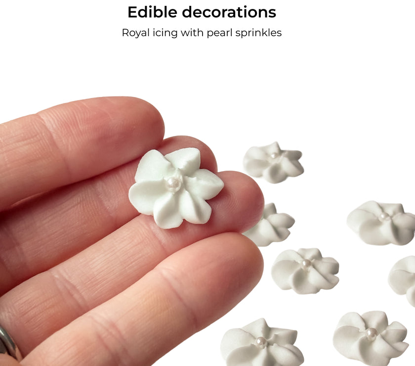 White Royal Icing Drop Flowers with Pearl Centers