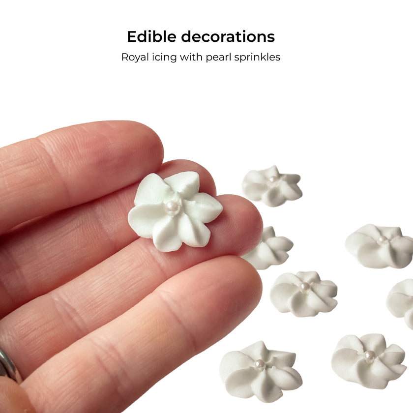 White Royal Icing Drop Flowers with Pearl Centers