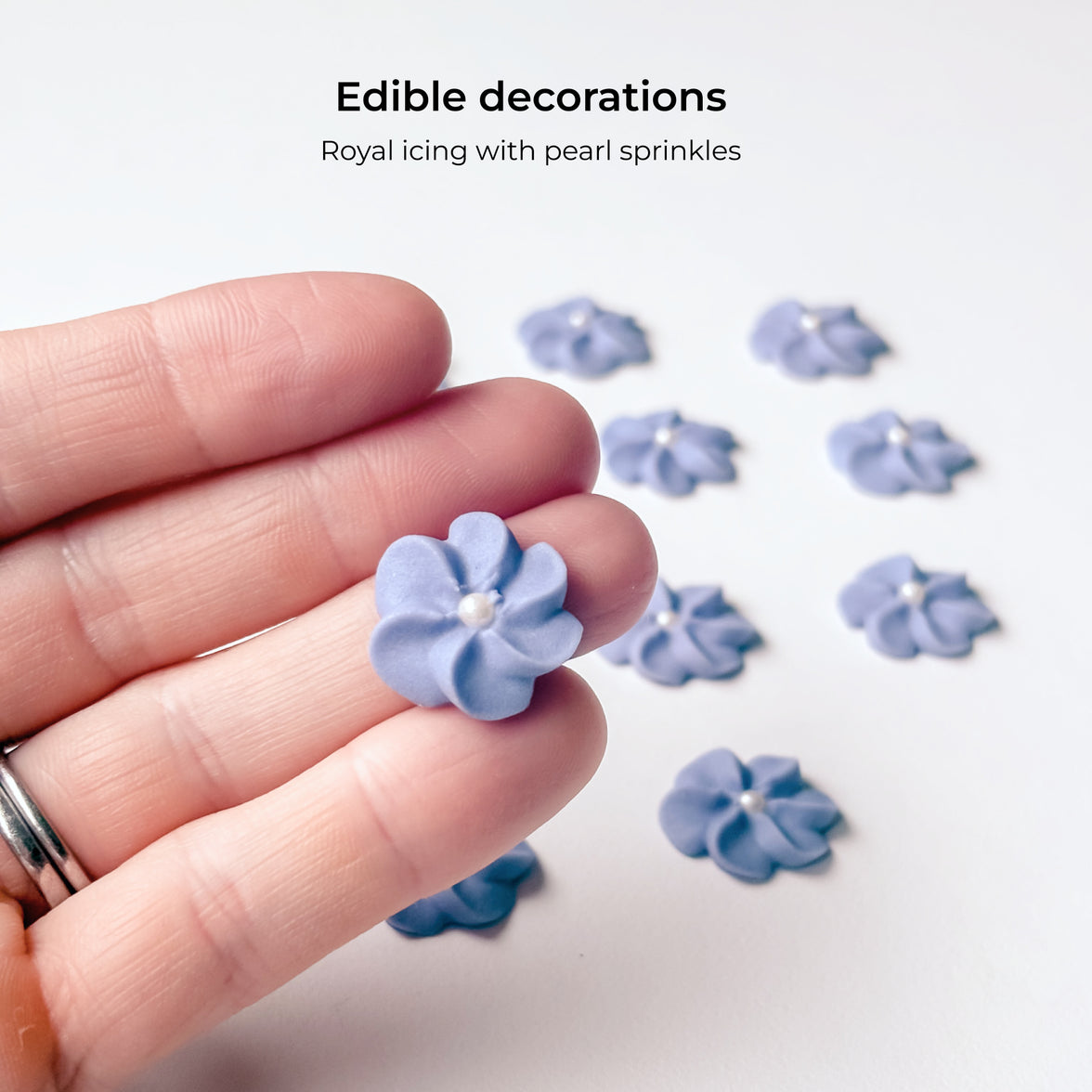 Purple Royal Icing Drop Flowers with Pearl Centers