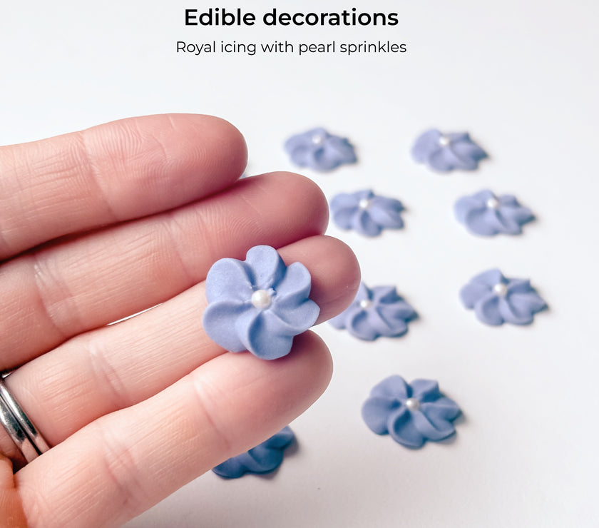 Purple Royal Icing Drop Flowers with Pearl Centers