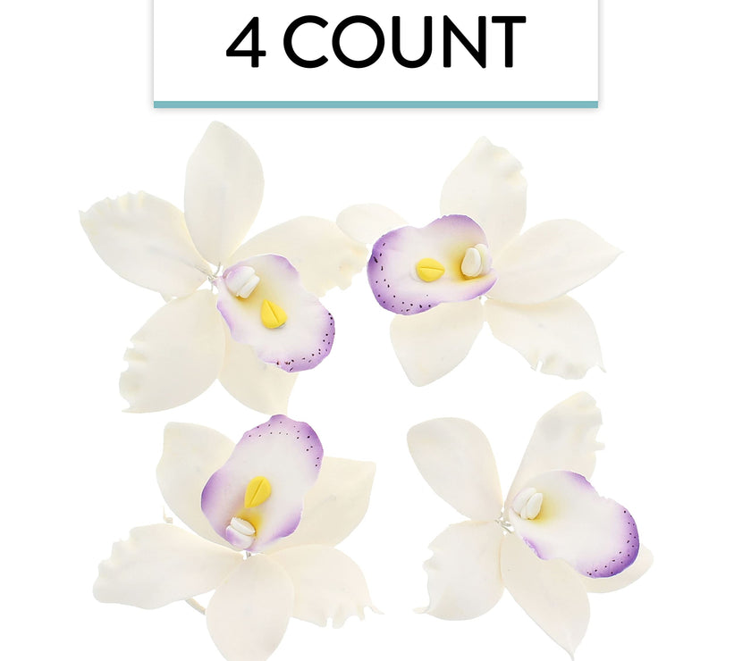 Orchid Sugar Cake Flowers, Pearly Orchids, by Global Sugar Art, Large, White with Purple, 4 Count
