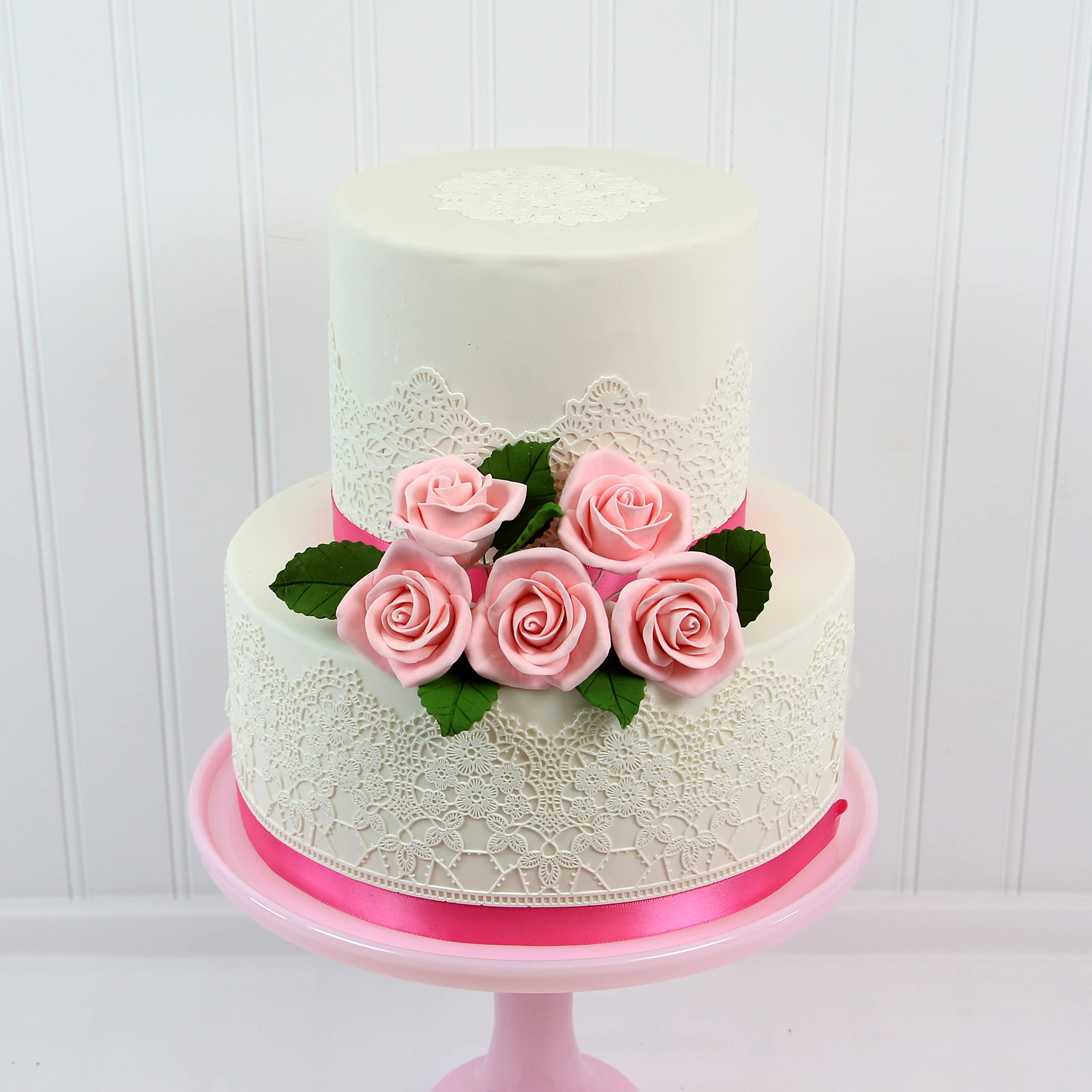 Peace Rose Sugar Flowers with Leaves, Cake Decorating Kit, by Global Sugar Art, Medium, Pink