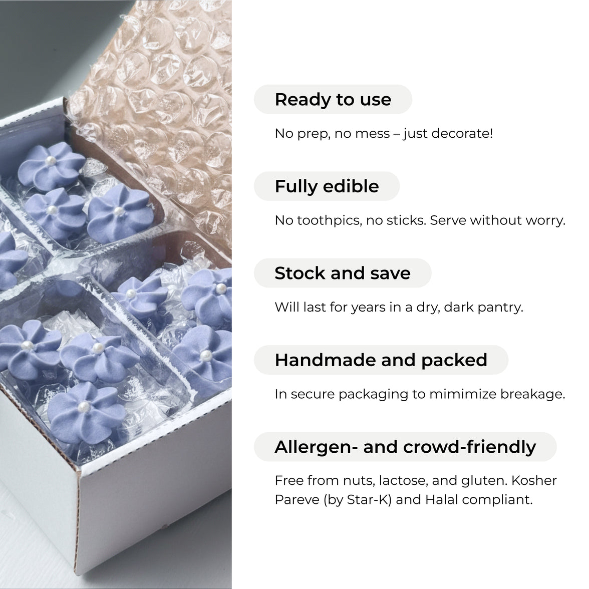 Purple Royal Icing Drop Flowers with Pearl Centers