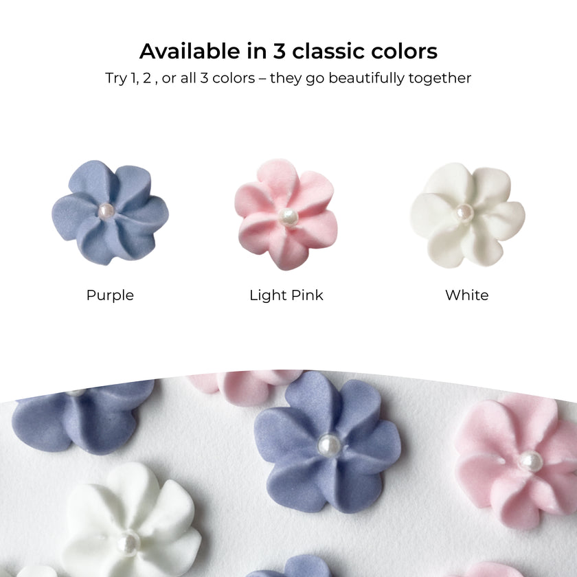 Purple Royal Icing Drop Flowers with Pearl Centers