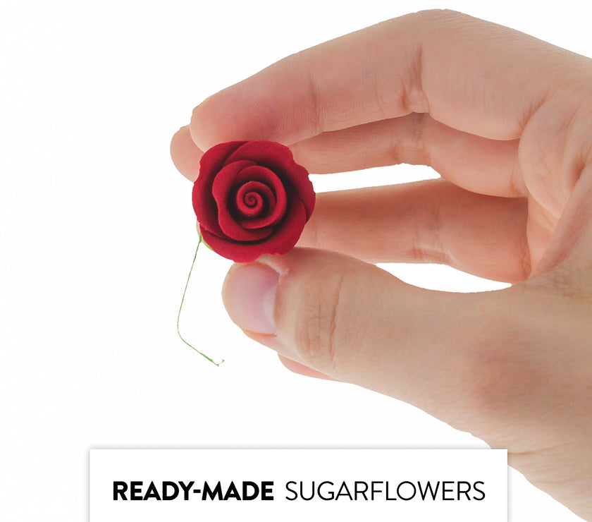 Classic Tea Rose Sugar Cake Flowers, by Global Sugar Art, Wired, Red with Green Calyx, Small