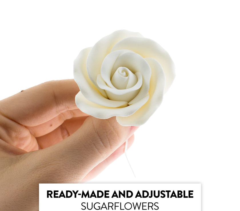Classic Tea Rose Sugar Cake Flowers, by Global Sugar Art, Wired, White, Medium