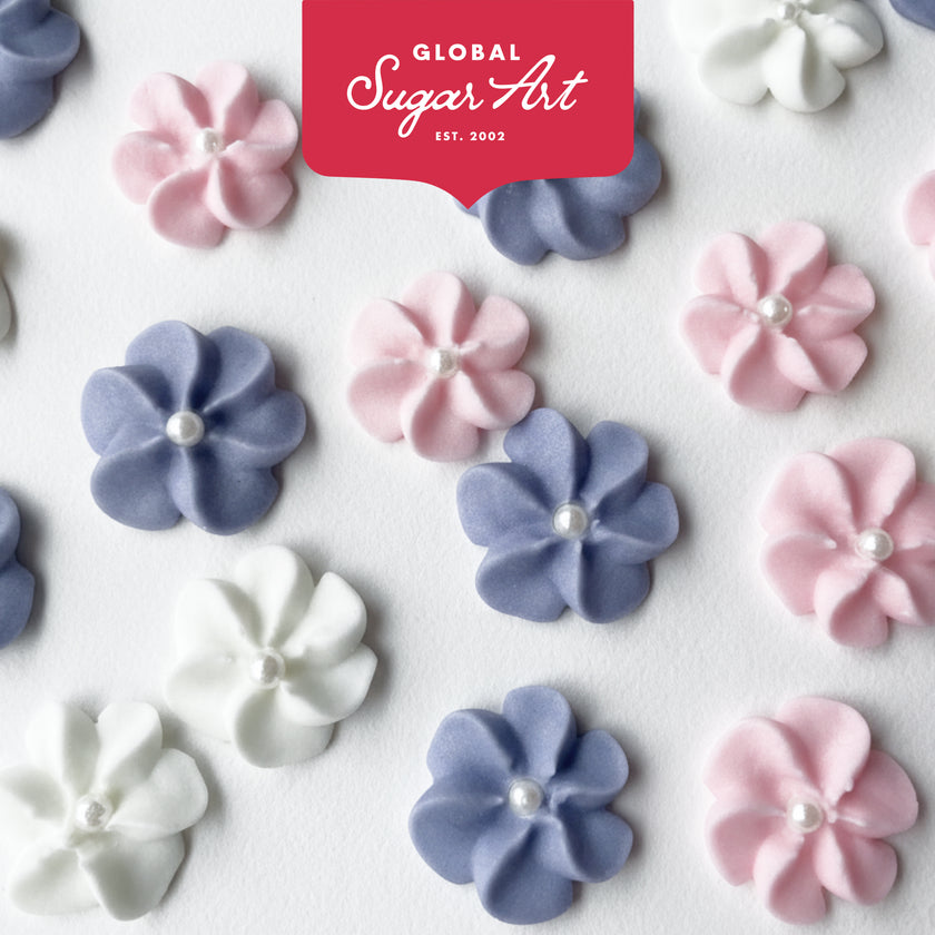 Purple Royal Icing Drop Flowers with Pearl Centers