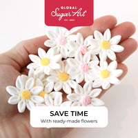 Edible Daisy Cake Decorations, White and Yellow Sugar Flowers, Unwired 1 Inch, Daisy Cupcake Toppers, Edible Flowers Cake Decorations by Chef Alan Tetreault, Global Sugar Art