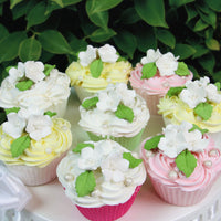 Flower Blossoms with Leaves, Edible Sugar Flowers for Cakes & Cupcakes, by Global Sugar Art, White