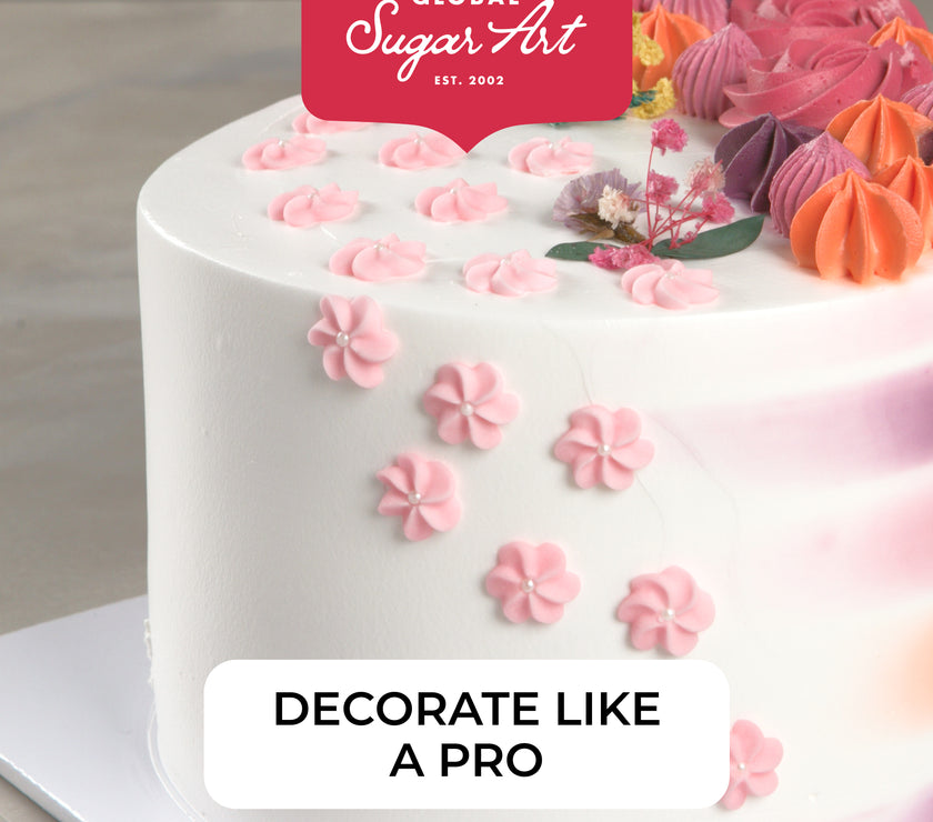 Purple Royal Icing Drop Flowers with Pearl Centers