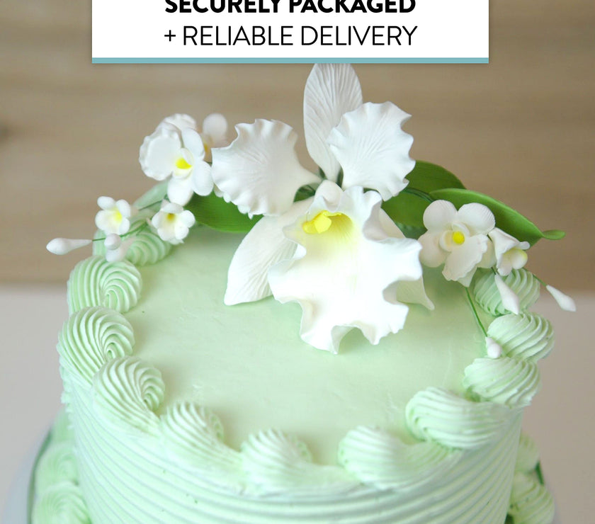 Orchid Sugar Cake Flower Sprays, White Cattleya Arched Orchid Spray, by Global Sugar Art