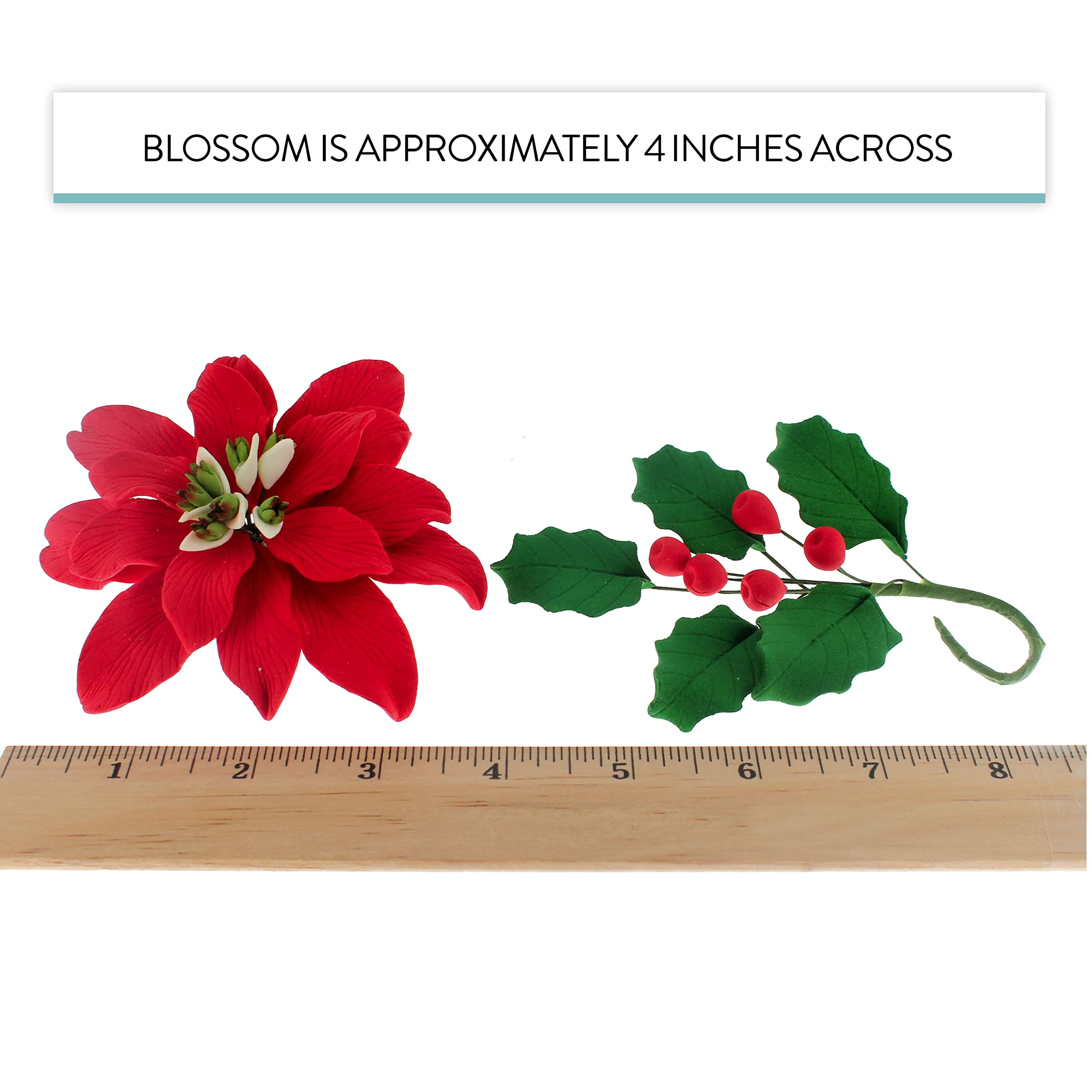 Poinsettia Sugar Flower & Holly Leaf Spray Kit for Cakes, by Global Sugar Art, Large with Berries