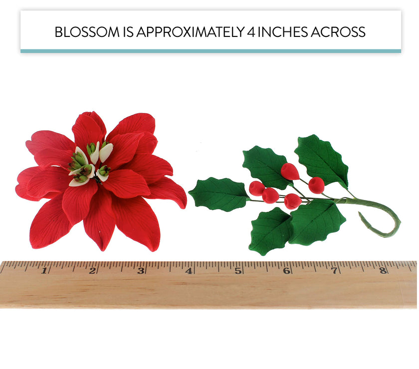 Poinsettia Sugar Flower & Holly Leaf Spray Kit for Cakes, by Global Sugar Art, Large with Berries