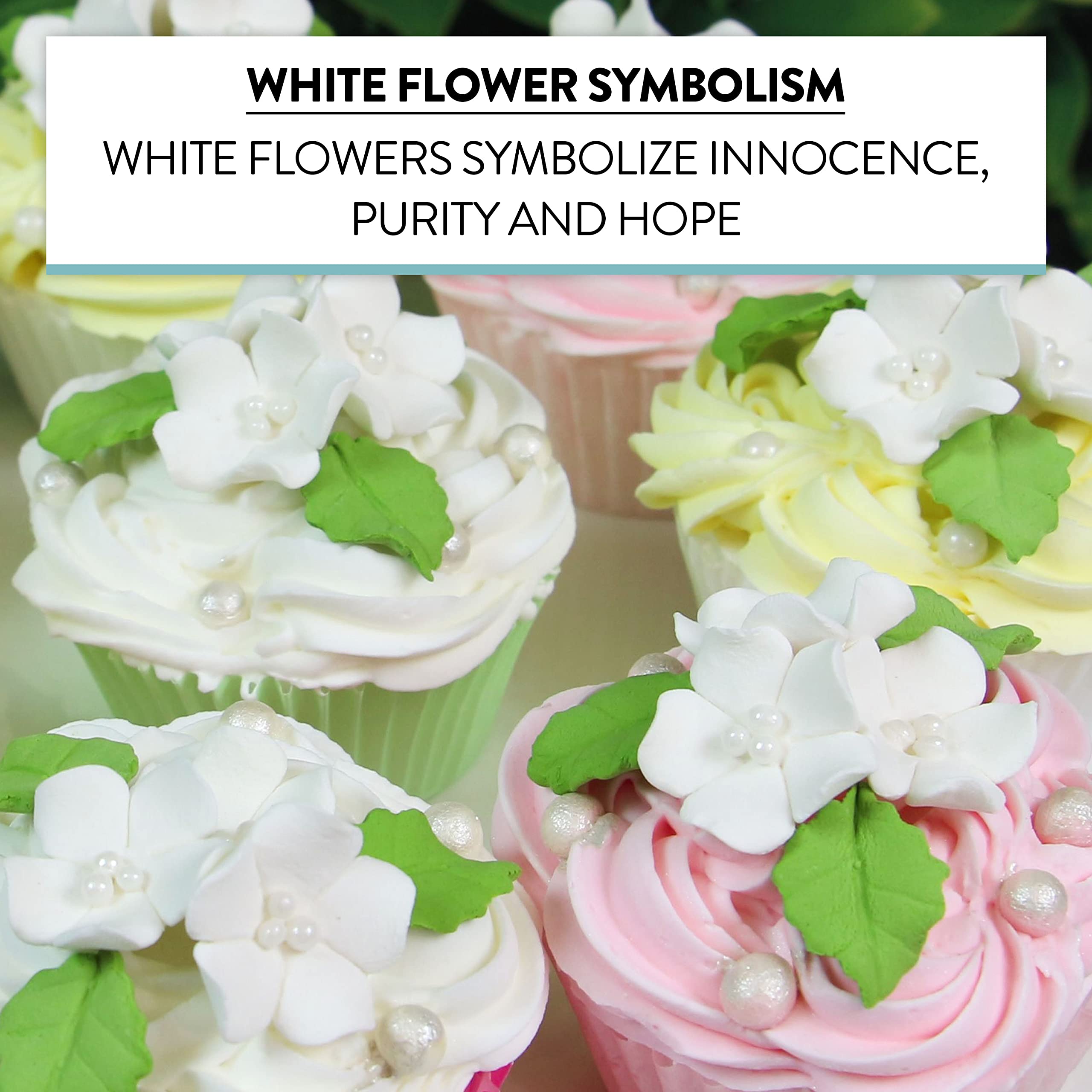 Flower Blossoms with Leaves, Edible Sugar Flowers for Cakes & Cupcakes, by Global Sugar Art, White