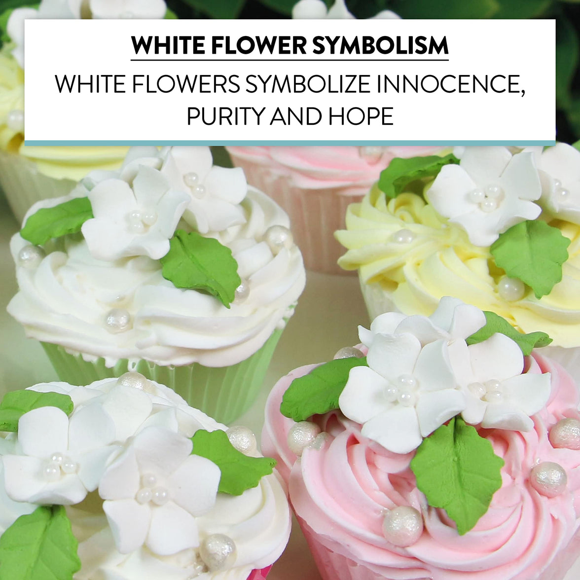 Flower Blossoms with Leaves, Edible Sugar Flowers for Cakes & Cupcakes, by Global Sugar Art, White