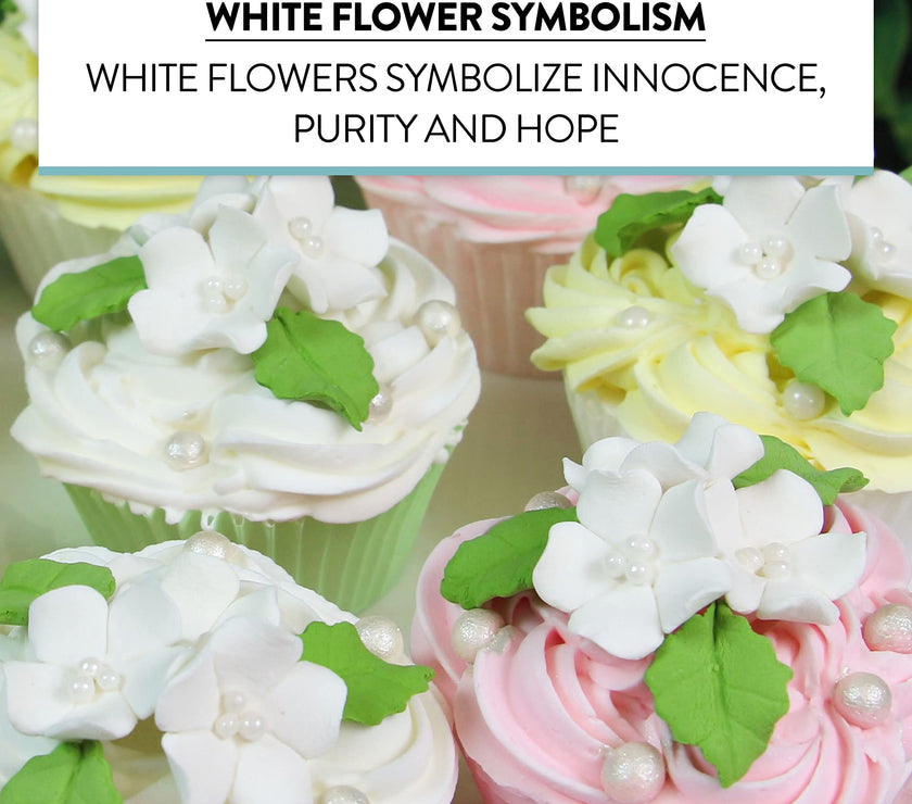 Flower Blossoms with Leaves, Edible Sugar Flowers for Cakes & Cupcakes, by Global Sugar Art, White