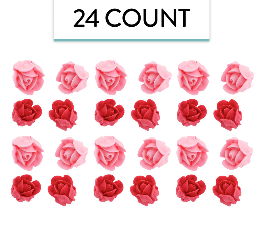 Edible Royal Icing Roses, Two Dozen Roses for Cupcake Decorating, by Global Sugar Art, Pink and Red Rose Set