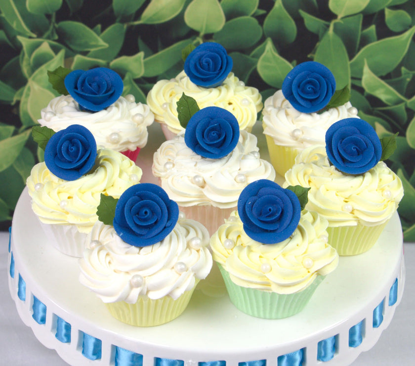 Premium Edible Roses for Cakes and Cupcakes, Sweet Royal Icing Roses, by Global Sugar Art, Royal Blue