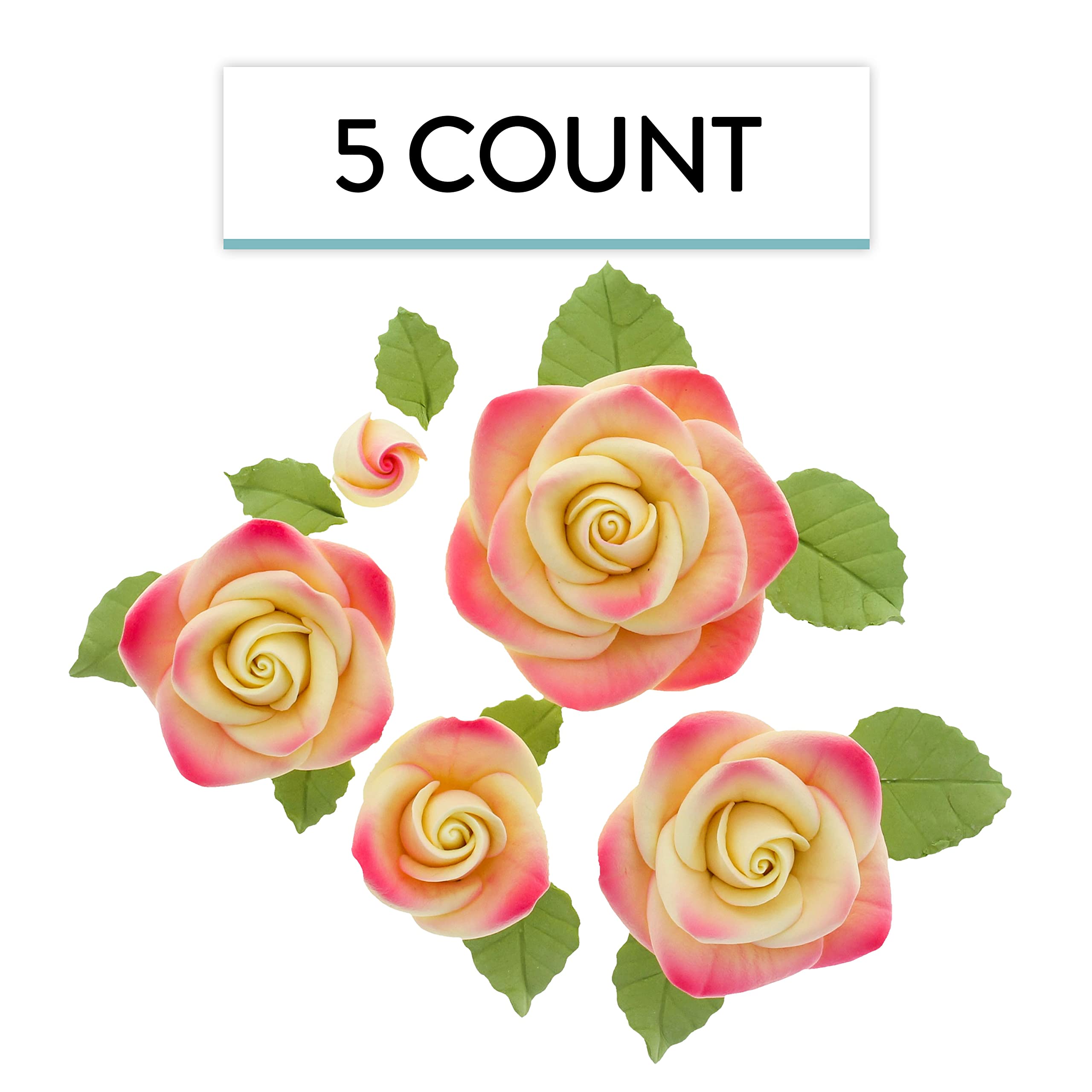 Exquisite Rose & Leaf Kit, Sugar Cake Flowers by Global Sugar Art, Yellow and Pink Roses with Leaves, 15-Piece Set
