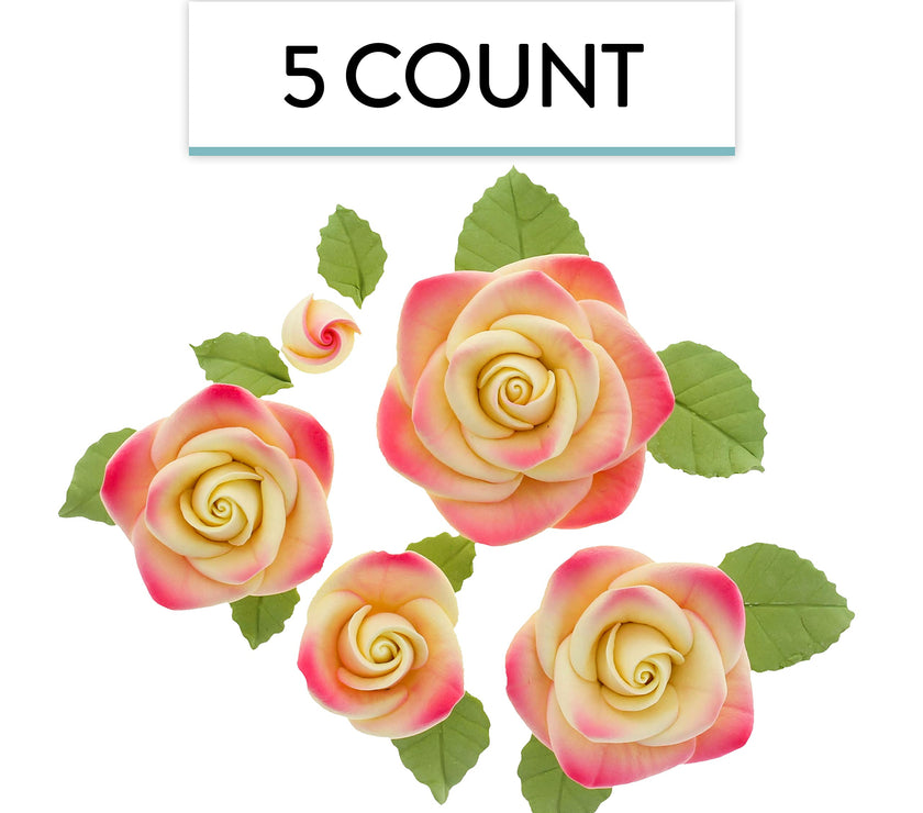 Exquisite Rose & Leaf Kit, Sugar Cake Flowers by Global Sugar Art, Yellow and Pink Roses with Leaves, 15-Piece Set