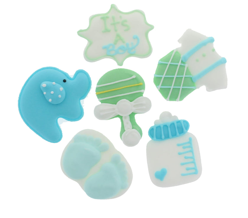 Baby Shower Edible Kosher Royal Icing Decorations for Cakes and Cupcakes, by Global Sugar Art, Baby Boy