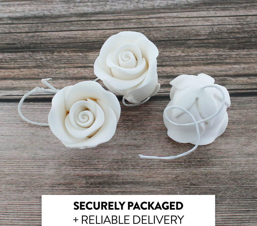 Classic Tea Rose Sugar Cake Flowers, by Global Sugar Art, Wired, White, Small