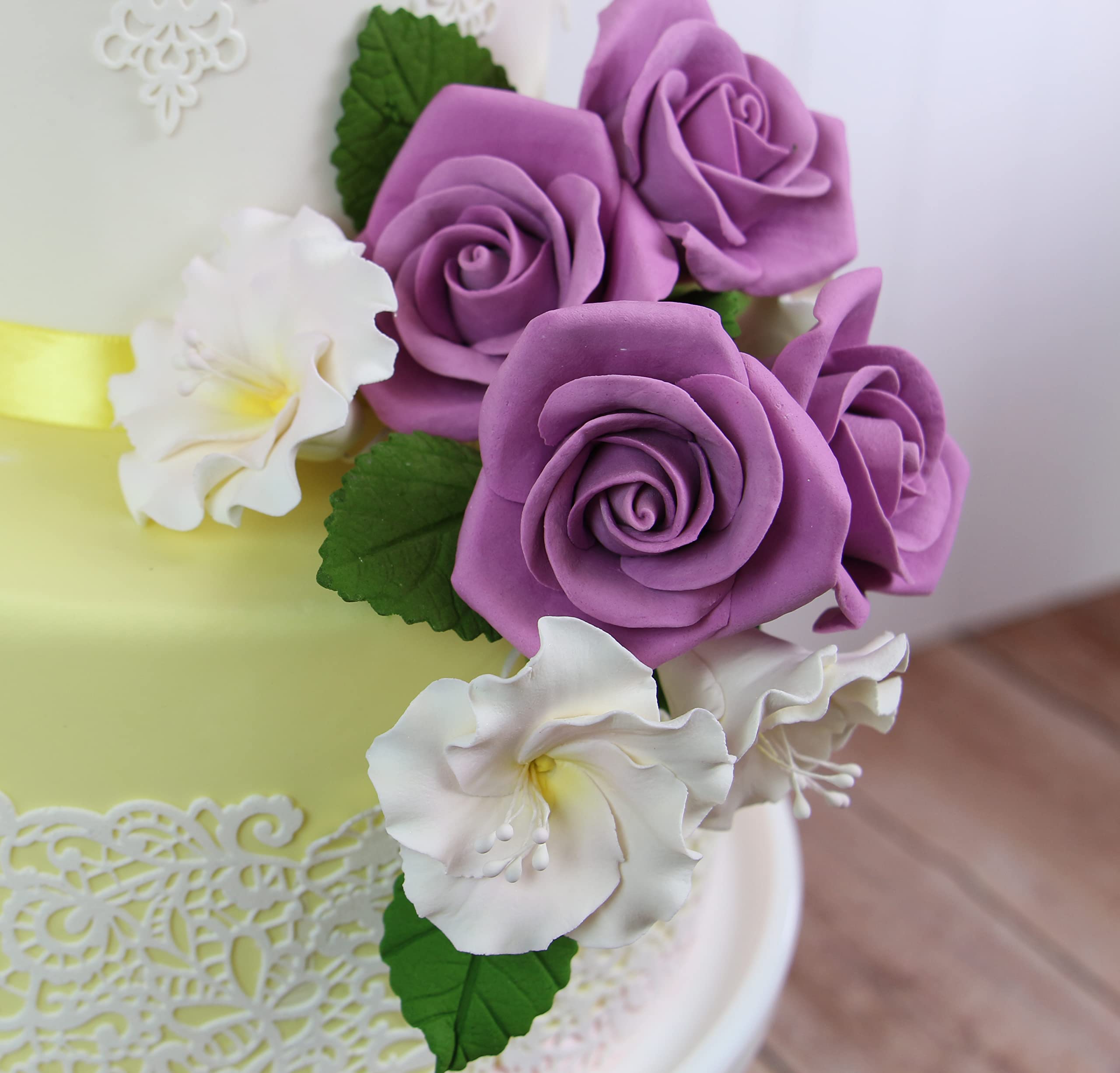 Peace Rose Sugar Flowers with Leaves, Cake Decorating Kit, by Global Sugar Art, Medium, Lavender