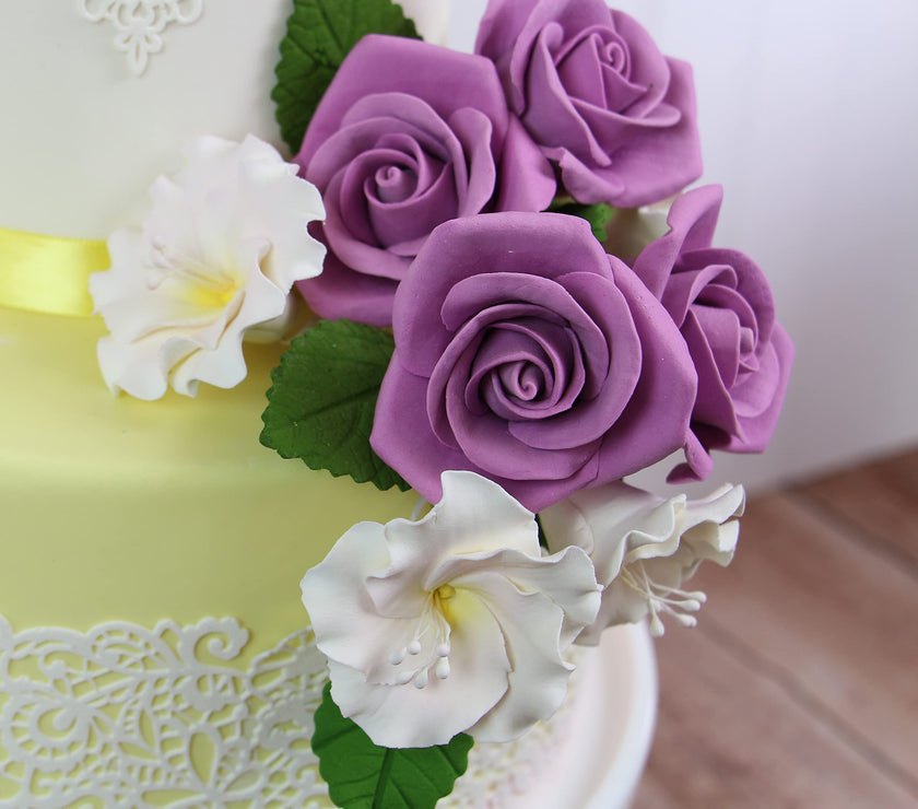 Peace Rose Sugar Flowers with Leaves, Cake Decorating Kit, by Global Sugar Art, Medium, Lavender